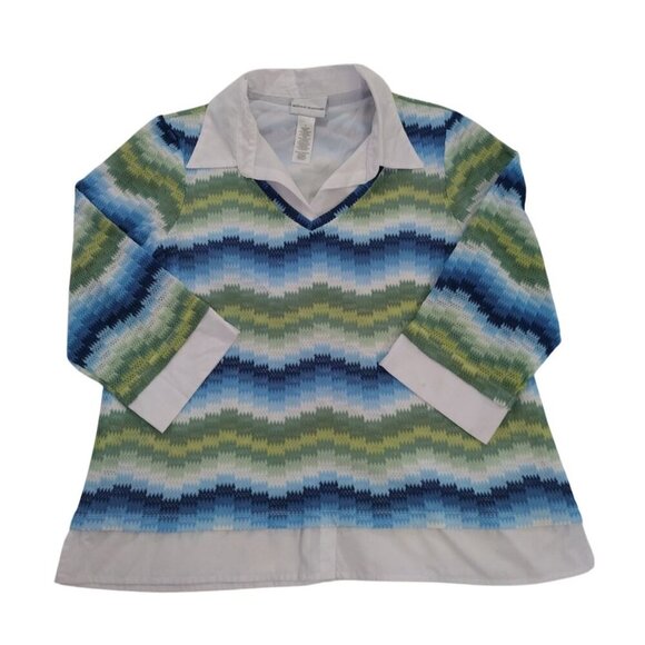 Alfred Dunner Knit Top Womens L Multicolor Chevron Patter Collared Layered Look - Picture 3 of 7